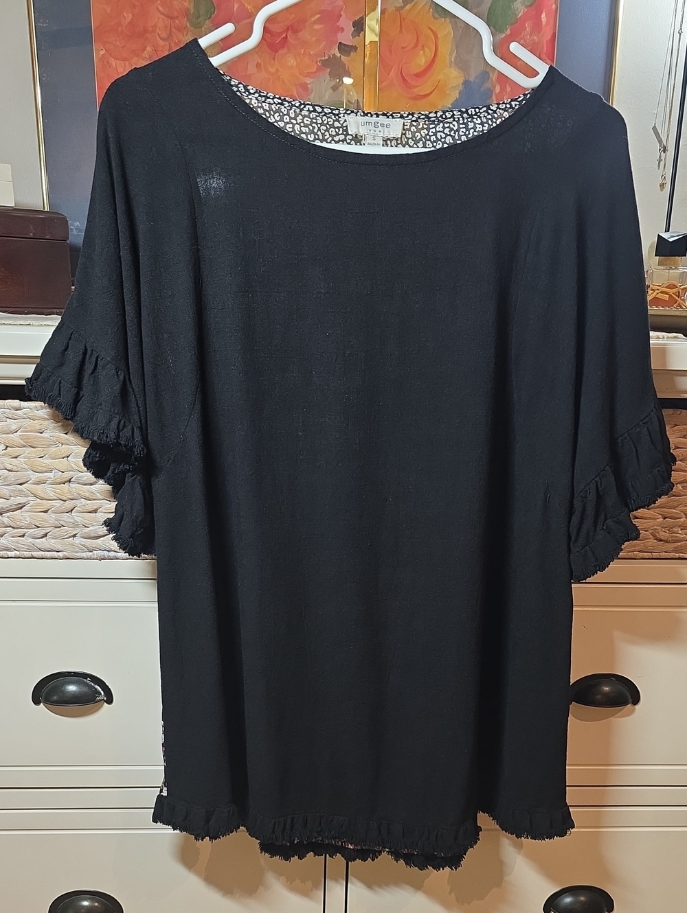 Umgee Black Ruffle Sleeve Women's Top Tunic Linen Blend Size Small Roomy